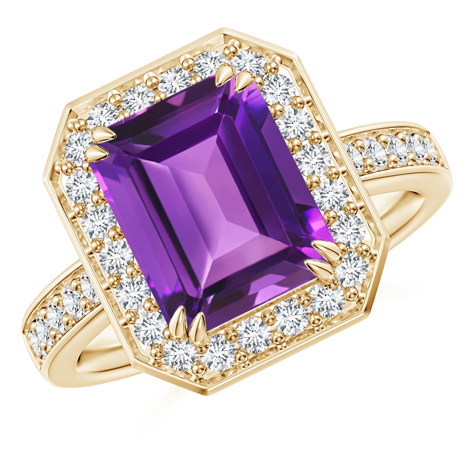 10x8mm AAAA Emerald-Cut Amethyst Engagement Ring with Diamond Halo in Yellow Gold 