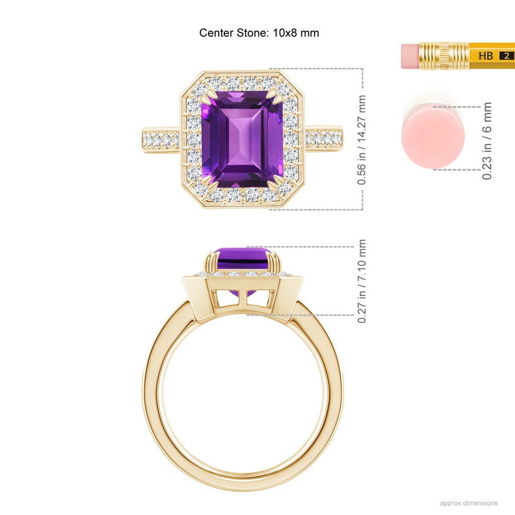 10x8mm AAAA Emerald-Cut Amethyst Engagement Ring with Diamond Halo in Yellow Gold Ruler