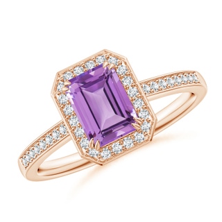 7x5mm A Emerald-Cut Amethyst Engagement Ring with Diamond Halo in 10K Rose Gold