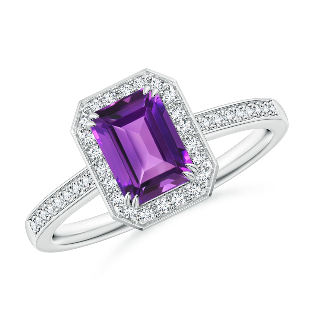 7x5mm AAAA Emerald-Cut Amethyst Engagement Ring with Diamond Halo in 18K White Gold