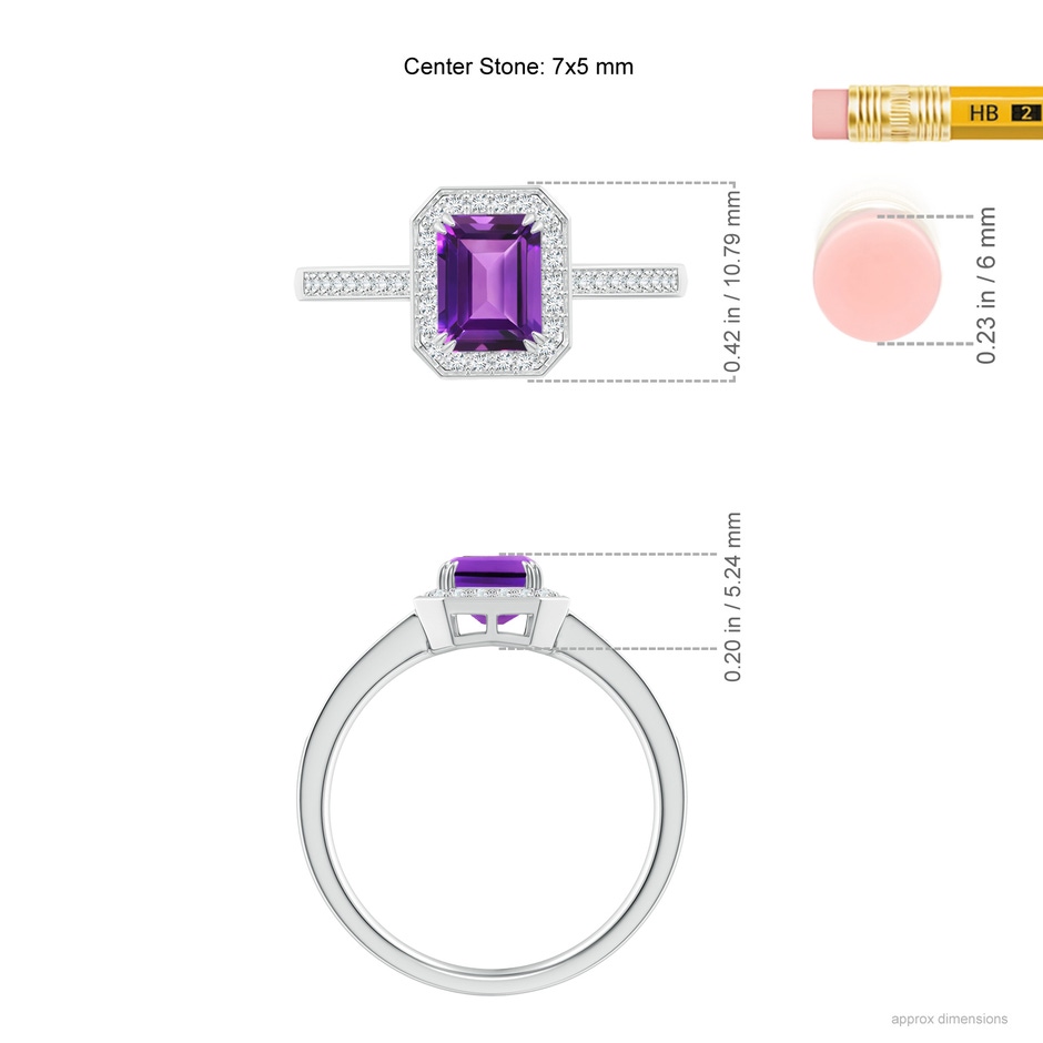 7x5mm AAAA Emerald-Cut Amethyst Engagement Ring with Diamond Halo in 18K White Gold ruler