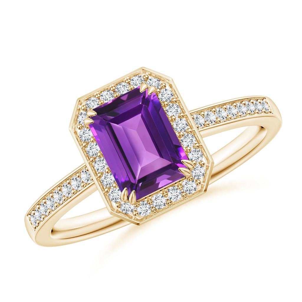 7x5mm AAAA Emerald-Cut Amethyst Engagement Ring with Diamond Halo in 18K Yellow Gold