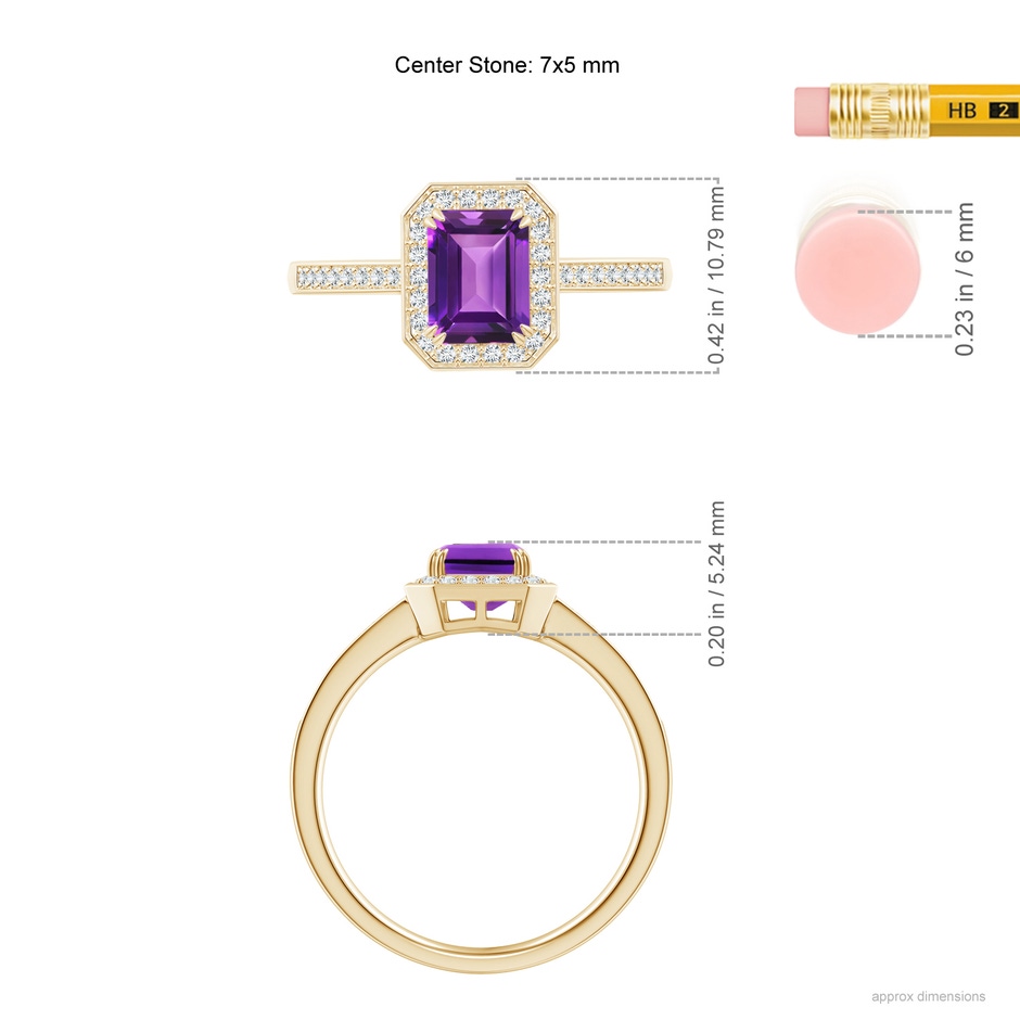 7x5mm AAAA Emerald-Cut Amethyst Engagement Ring with Diamond Halo in 18K Yellow Gold ruler