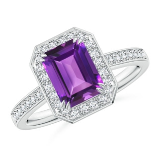 8x6mm AAAA Emerald-Cut Amethyst Engagement Ring with Diamond Halo in P950 Platinum