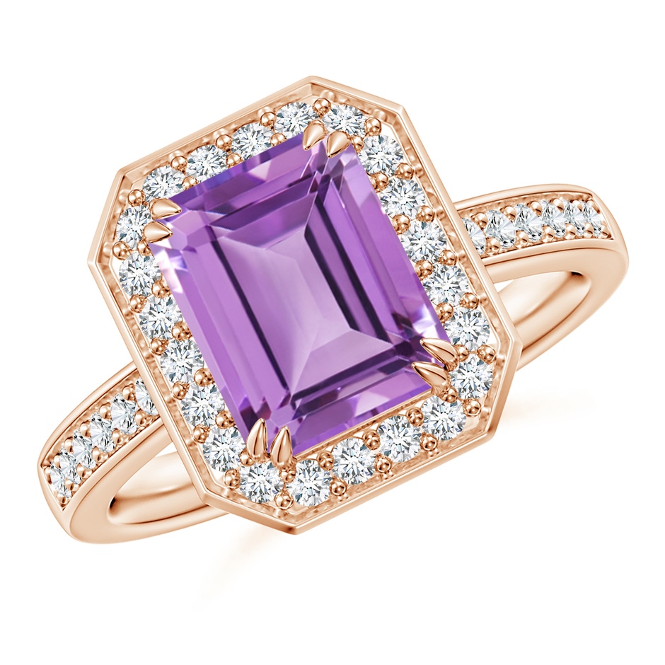 9x7mm A Emerald-Cut Amethyst Engagement Ring with Diamond Halo in Rose Gold 