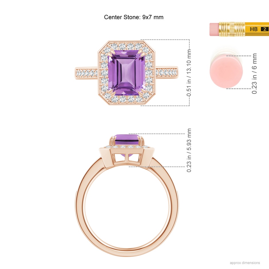 9x7mm A Emerald-Cut Amethyst Engagement Ring with Diamond Halo in Rose Gold ruler