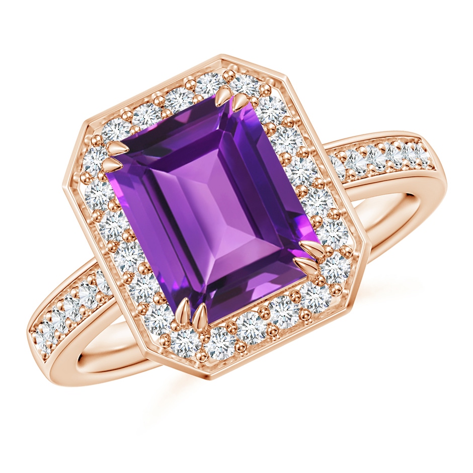 9x7mm AAAA Emerald-Cut Amethyst Engagement Ring with Diamond Halo in 18K Rose Gold 