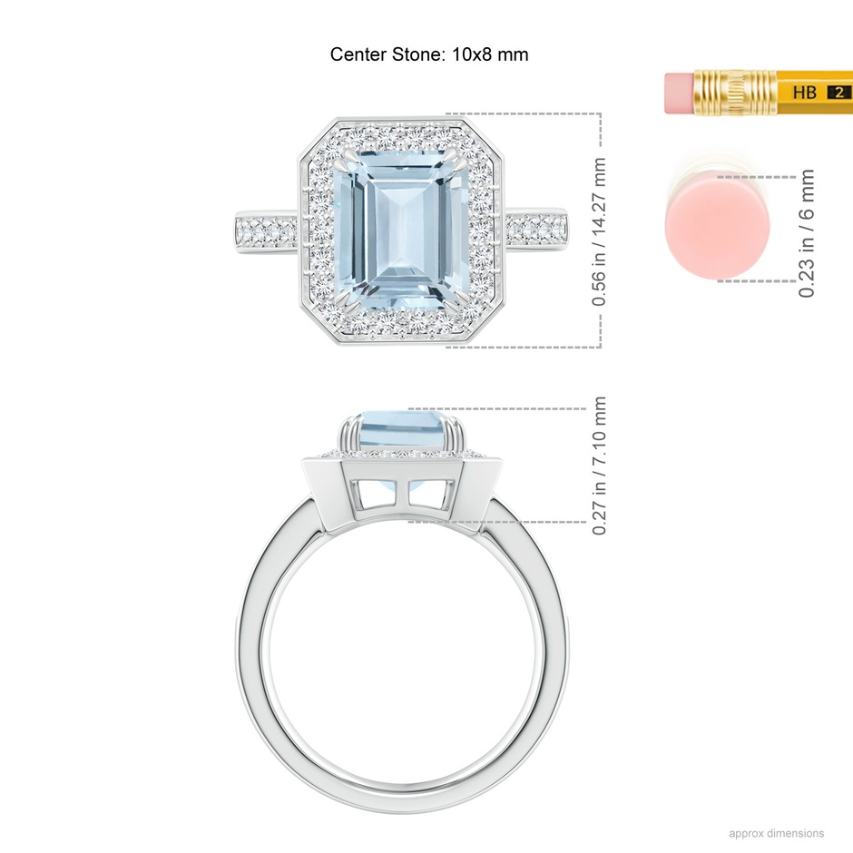 10x8mm A Emerald-Cut Aquamarine Engagement Ring with Diamond Halo in P950 Platinum ruler