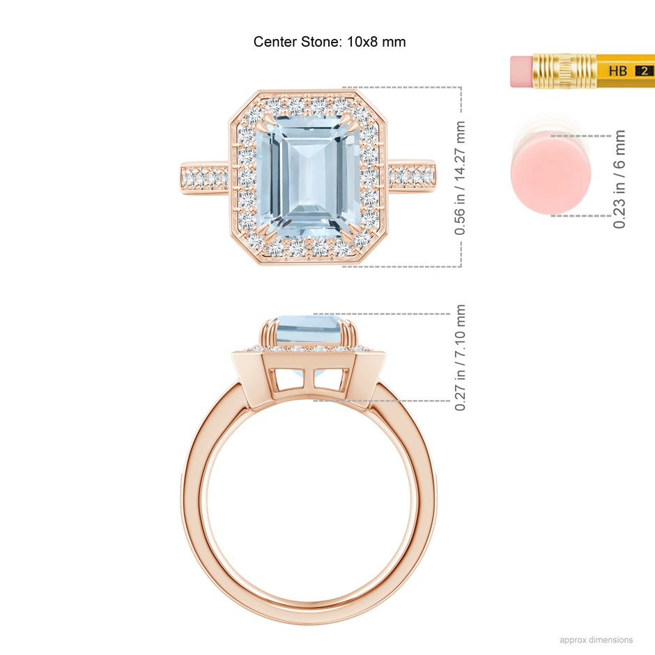 10x8mm A Emerald-Cut Aquamarine Engagement Ring with Diamond Halo in Rose Gold ruler