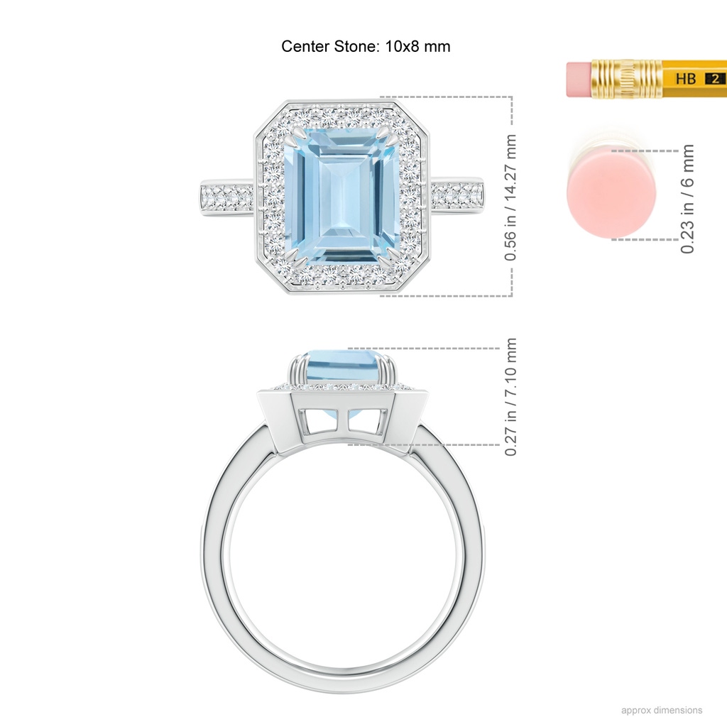 10x8mm AA Emerald-Cut Aquamarine Engagement Ring with Diamond Halo in White Gold Ruler