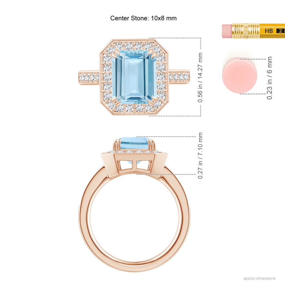 10x8mm AAA Emerald-Cut Aquamarine Engagement Ring with Diamond Halo in 18K Rose Gold ruler