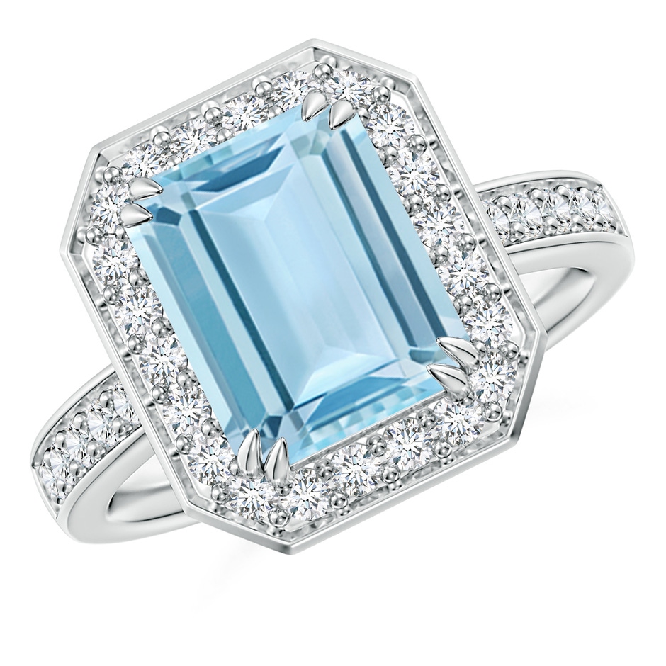 10x8mm AAA Emerald-Cut Aquamarine Engagement Ring with Diamond Halo in 18K White Gold 
