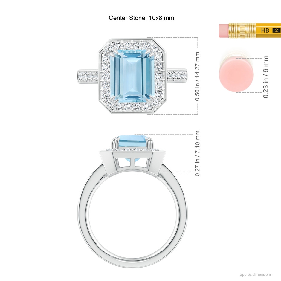 10x8mm AAA Emerald-Cut Aquamarine Engagement Ring with Diamond Halo in 18K White Gold ruler