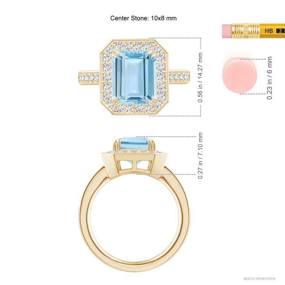 10x8mm AAA Emerald-Cut Aquamarine Engagement Ring with Diamond Halo in 18K Yellow Gold ruler
