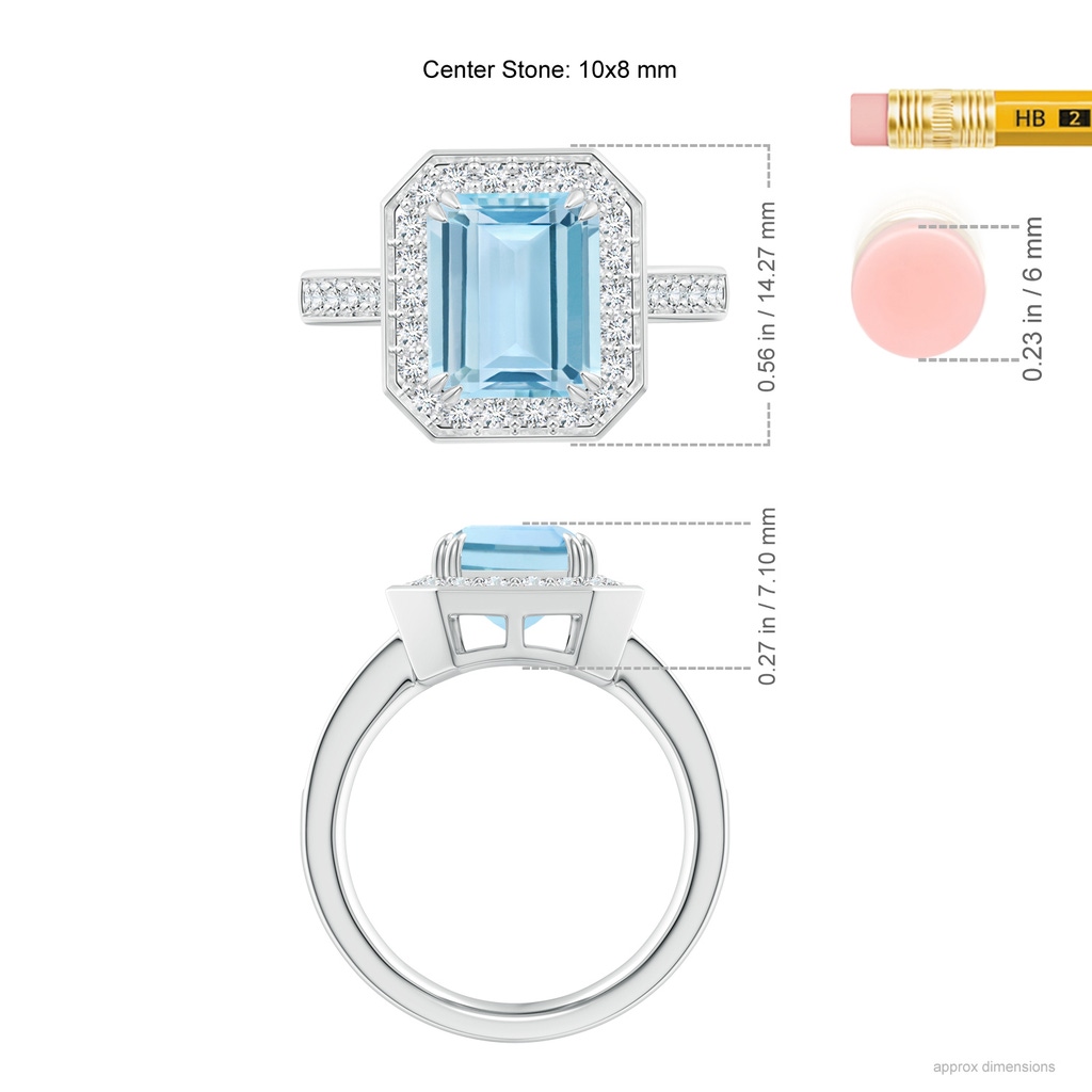 10x8mm AAA Emerald-Cut Aquamarine Engagement Ring with Diamond Halo in White Gold Ruler