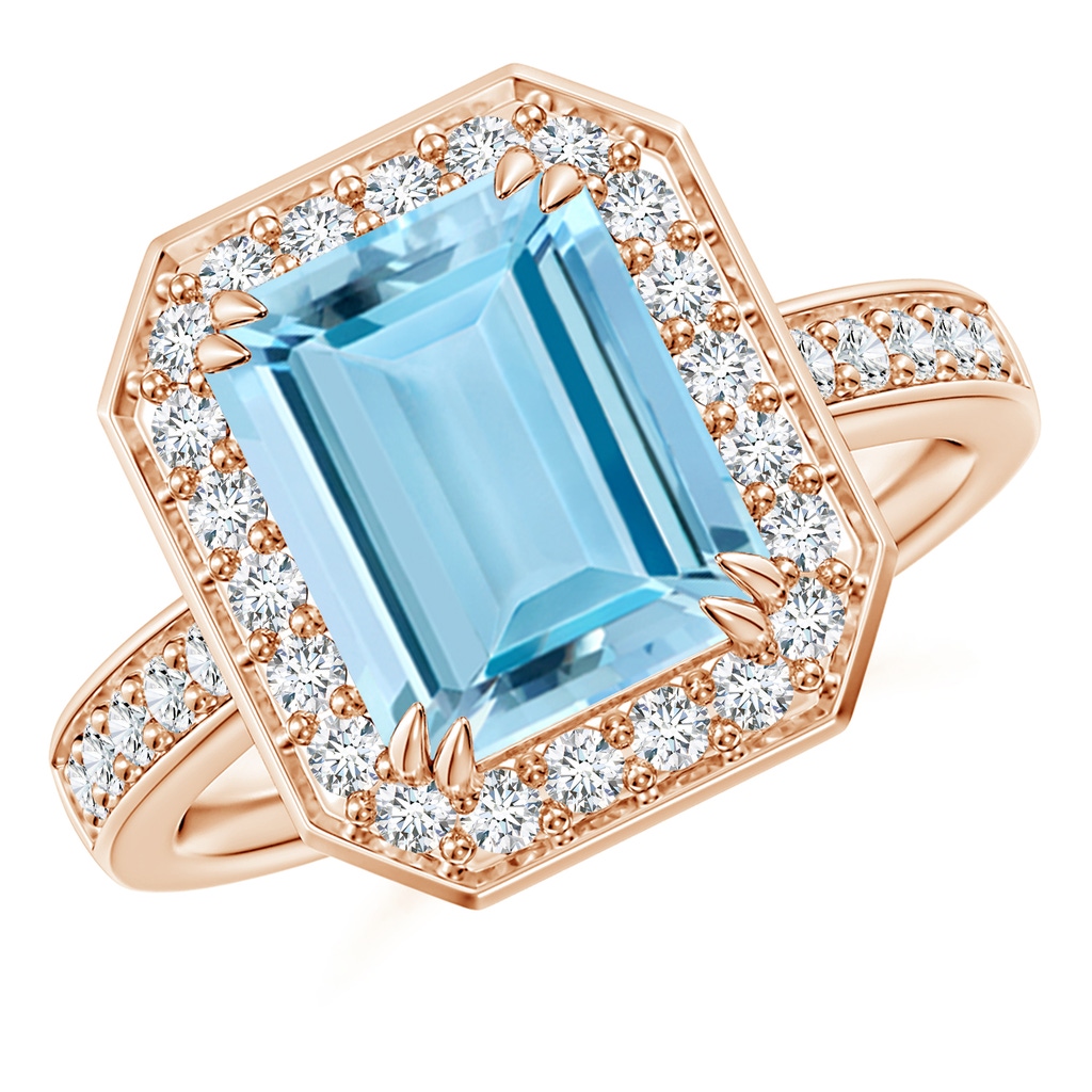10x8mm AAAA Emerald-Cut Aquamarine Engagement Ring with Diamond Halo in Rose Gold
