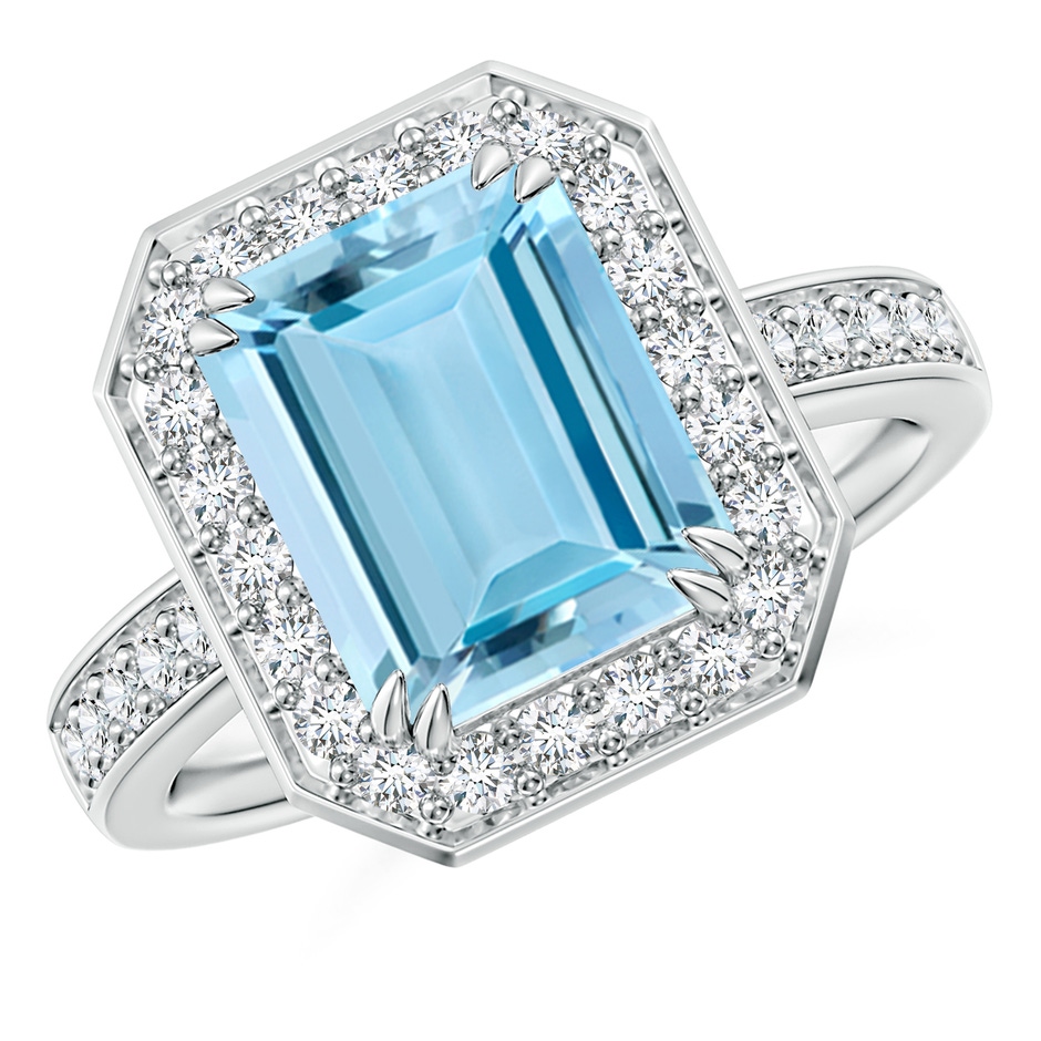 10x8mm AAAA Emerald-Cut Aquamarine Engagement Ring with Diamond Halo in White Gold 