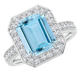 10x8mm AAAA Emerald-Cut Aquamarine Engagement Ring with Diamond Halo in White Gold