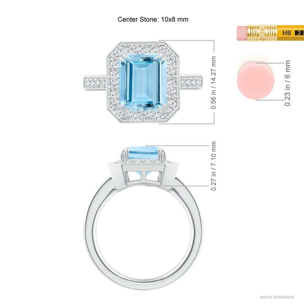 10x8mm AAAA Emerald-Cut Aquamarine Engagement Ring with Diamond Halo in White Gold Ruler