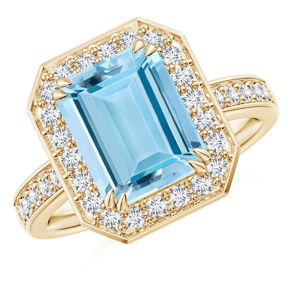 10x8mm AAAA Emerald-Cut Aquamarine Engagement Ring with Diamond Halo in Yellow Gold
