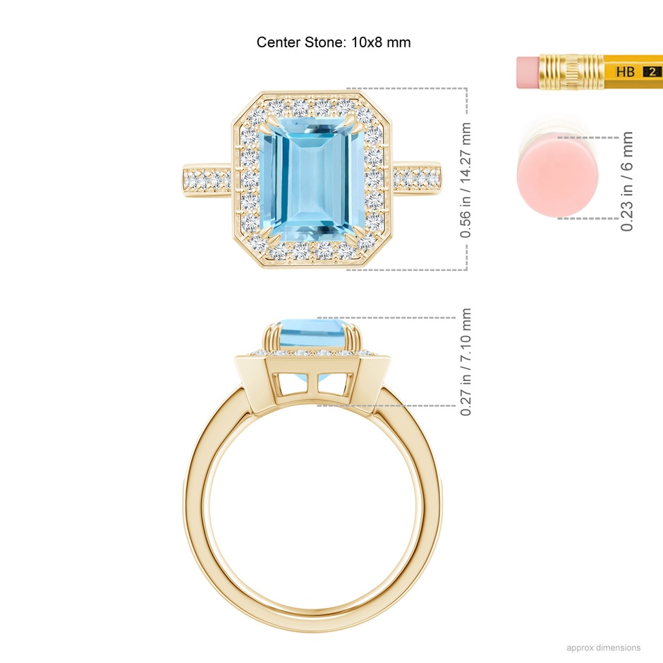10x8mm AAAA Emerald-Cut Aquamarine Engagement Ring with Diamond Halo in Yellow Gold ruler
