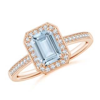 7x5mm A Emerald-Cut Aquamarine Engagement Ring with Diamond Halo in 9K Rose Gold