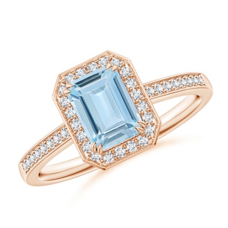 7x5mm AA Emerald-Cut Aquamarine Engagement Ring with Diamond Halo in 9K Rose Gold