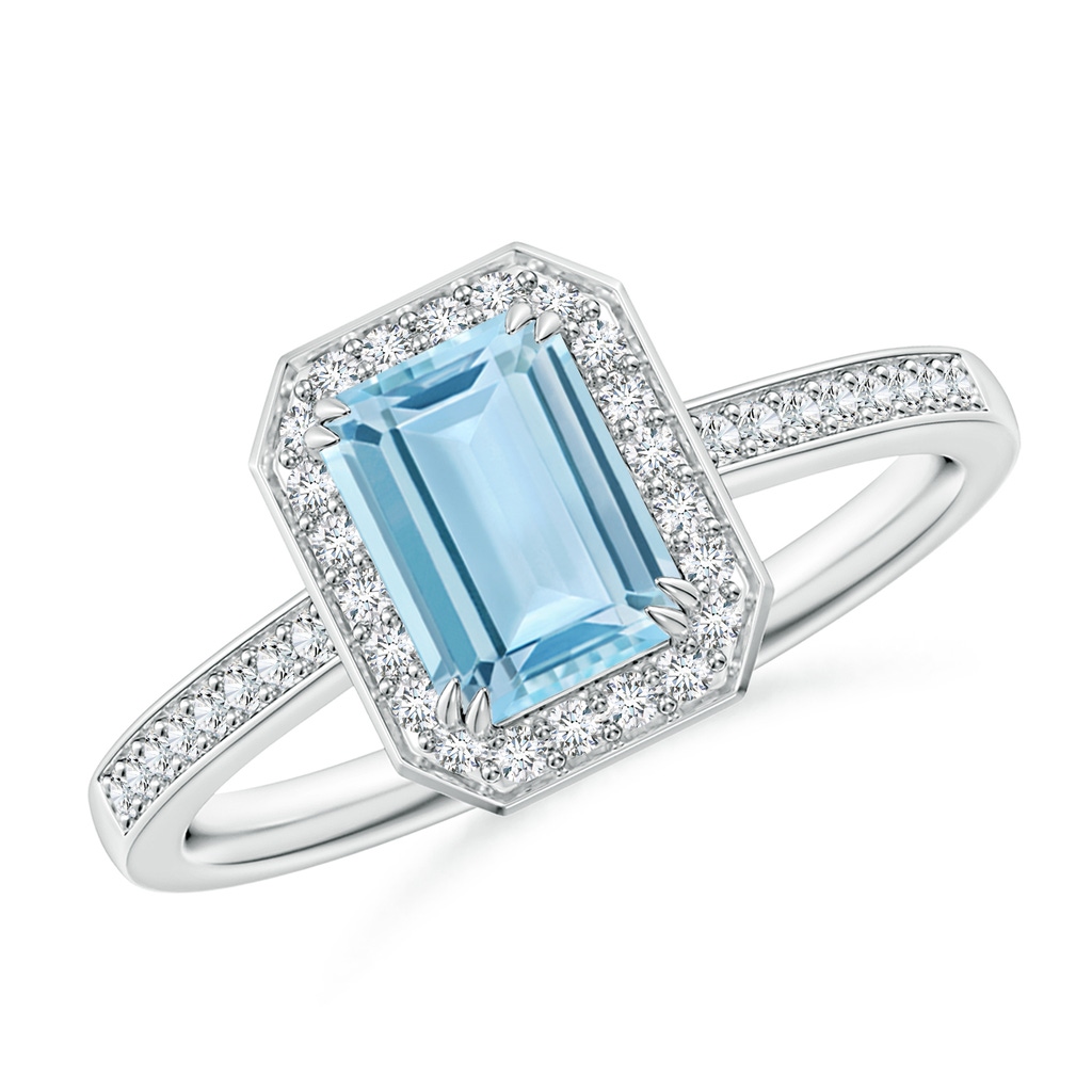 7x5mm AAA Emerald-Cut Aquamarine Engagement Ring with Diamond Halo in White Gold