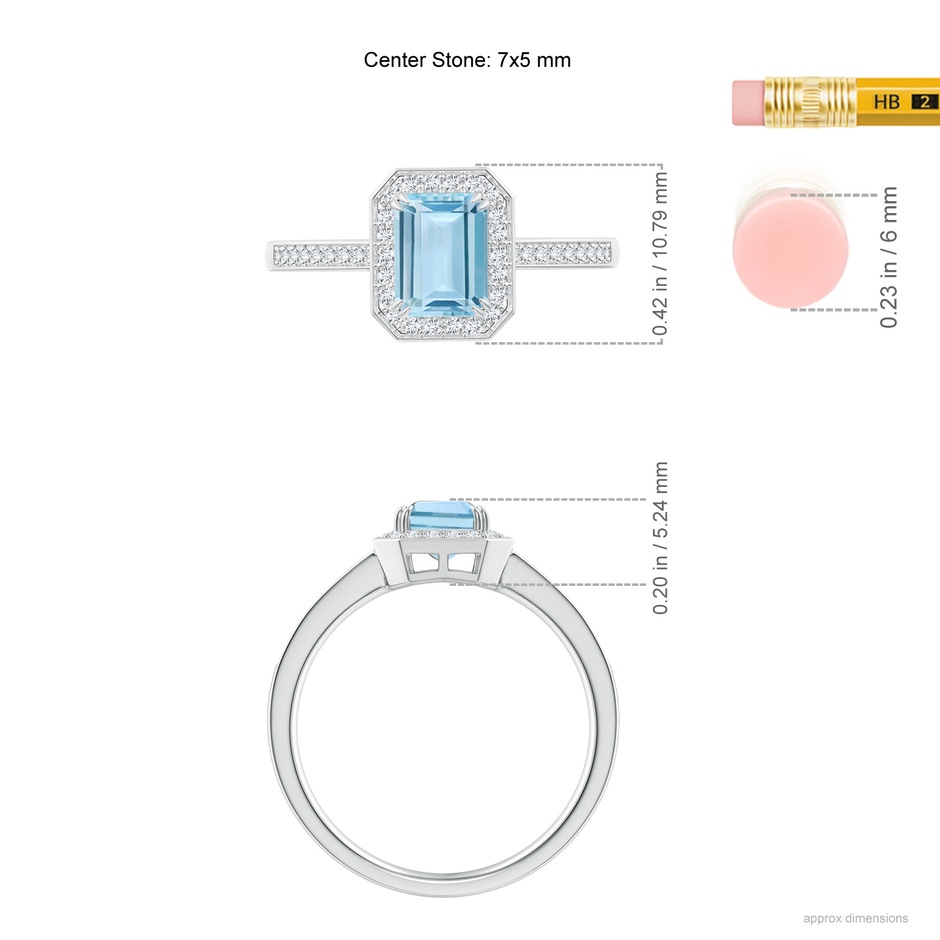 7x5mm AAA Emerald-Cut Aquamarine Engagement Ring with Diamond Halo in White Gold ruler