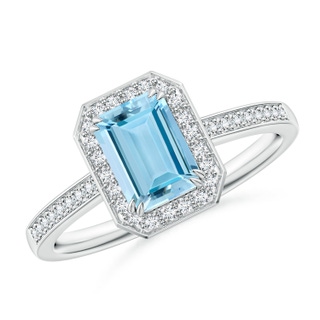 7x5mm AAAA Emerald-Cut Aquamarine Engagement Ring with Diamond Halo in P950 Platinum