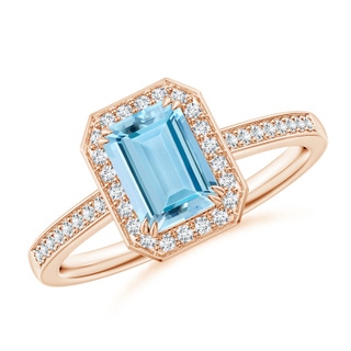 7x5mm AAAA Emerald-Cut Aquamarine Engagement Ring with Diamond Halo in Rose Gold