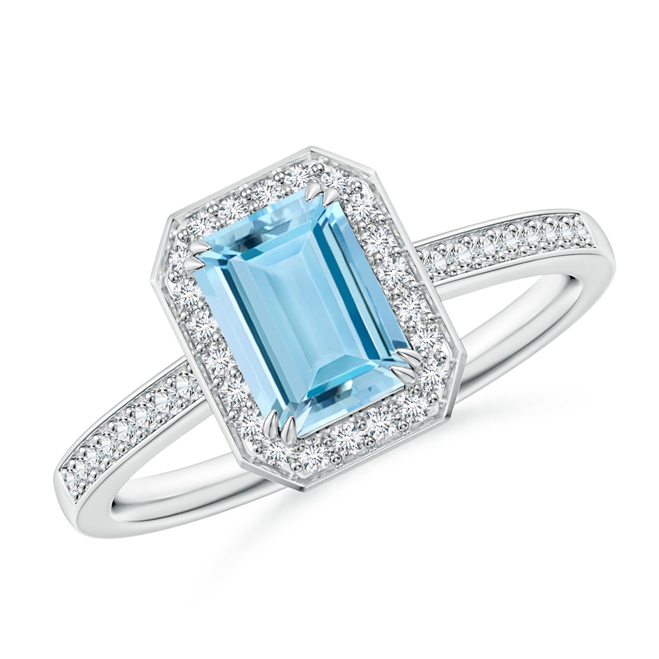 7x5mm AAAA Emerald-Cut Aquamarine Engagement Ring with Diamond Halo in White Gold 