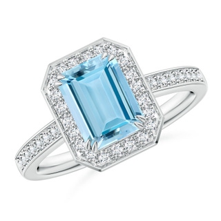 8x6mm AAAA Emerald-Cut Aquamarine Engagement Ring with Diamond Halo in P950 Platinum