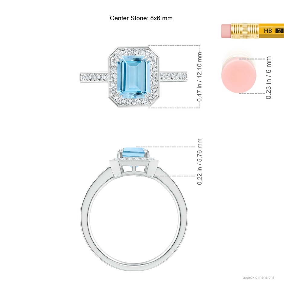 8x6mm AAAA Emerald-Cut Aquamarine Engagement Ring with Diamond Halo in P950 Platinum ruler