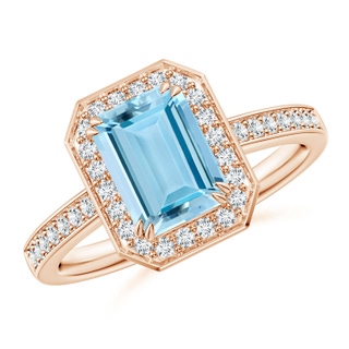 8x6mm AAAA Emerald-Cut Aquamarine Engagement Ring with Diamond Halo in Rose Gold