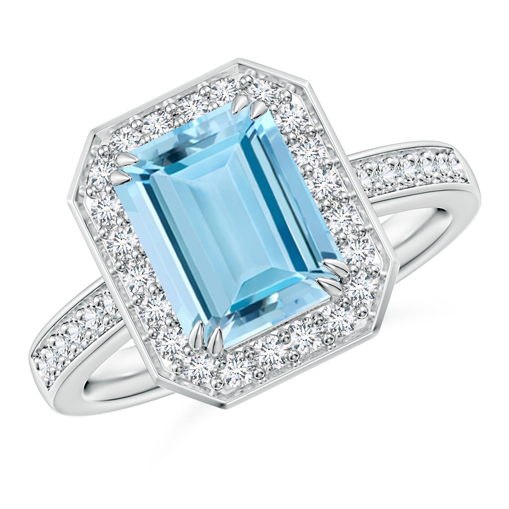 9x7mm AAAA Emerald-Cut Aquamarine Engagement Ring with Diamond Halo in White Gold