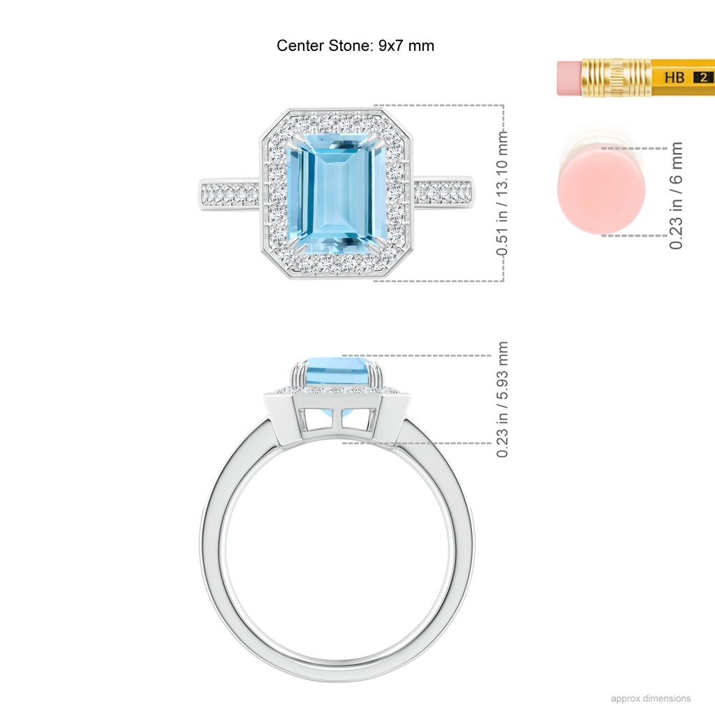 9x7mm AAAA Emerald-Cut Aquamarine Engagement Ring with Diamond Halo in White Gold Ruler