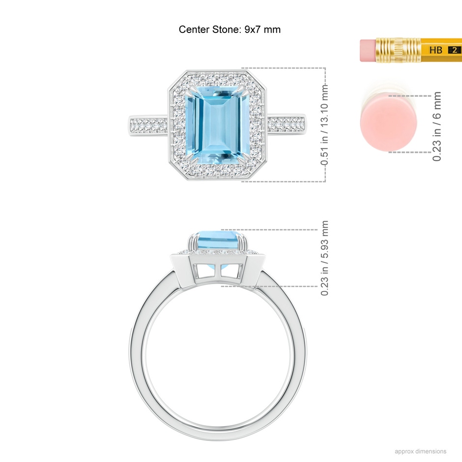 9x7mm AAAA Emerald-Cut Aquamarine Engagement Ring with Diamond Halo in White Gold ruler