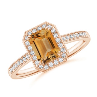 7x5mm A Emerald-Cut Citrine Engagement Ring with Diamond Halo in 10K Rose Gold