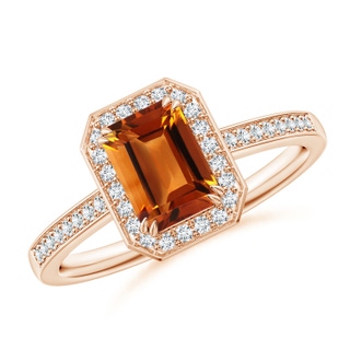 7x5mm AAAA Emerald-Cut Citrine Engagement Ring with Diamond Halo in Rose Gold