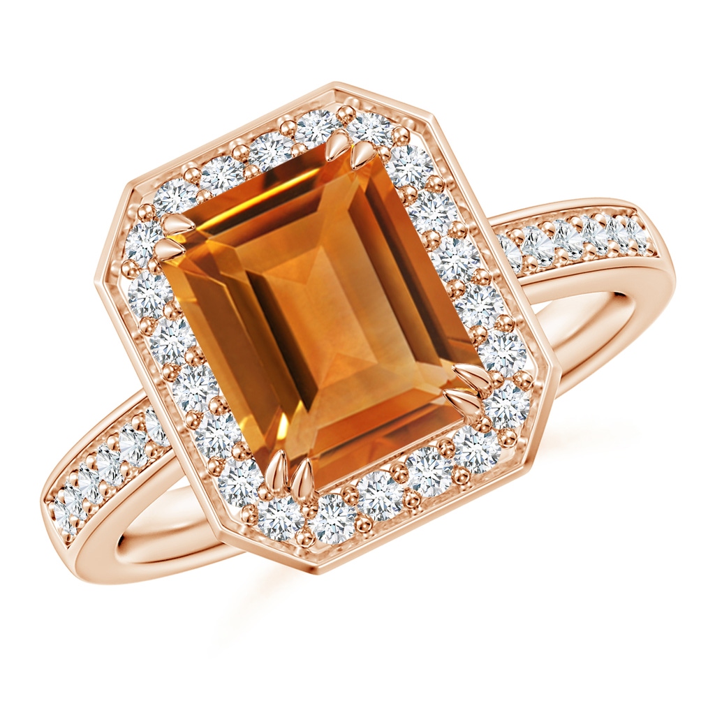 9x7mm AAA Emerald-Cut Citrine Engagement Ring with Diamond Halo in Rose Gold