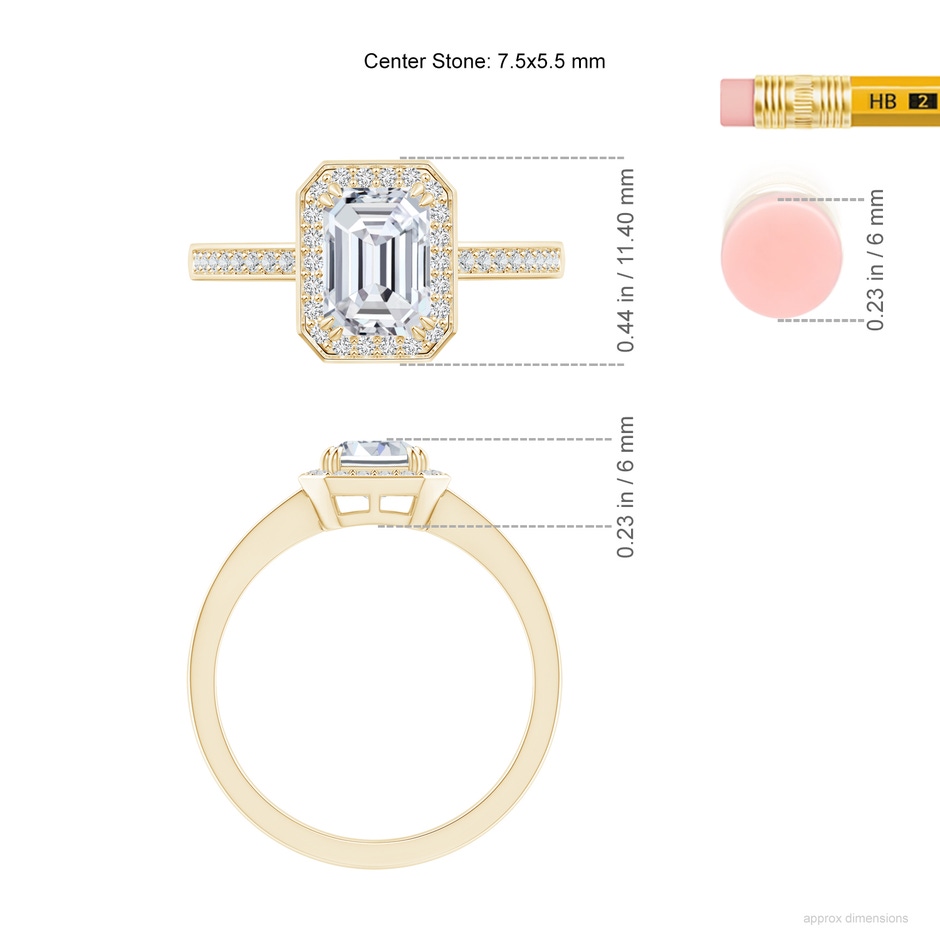 7.5x5.5mm HSI2 Emerald-Cut Diamond Engagement Ring with Halo in Yellow Gold ruler