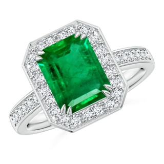 9x7mm AAA Emerald-Cut Emerald Engagement Ring with Diamond Halo in White Gold