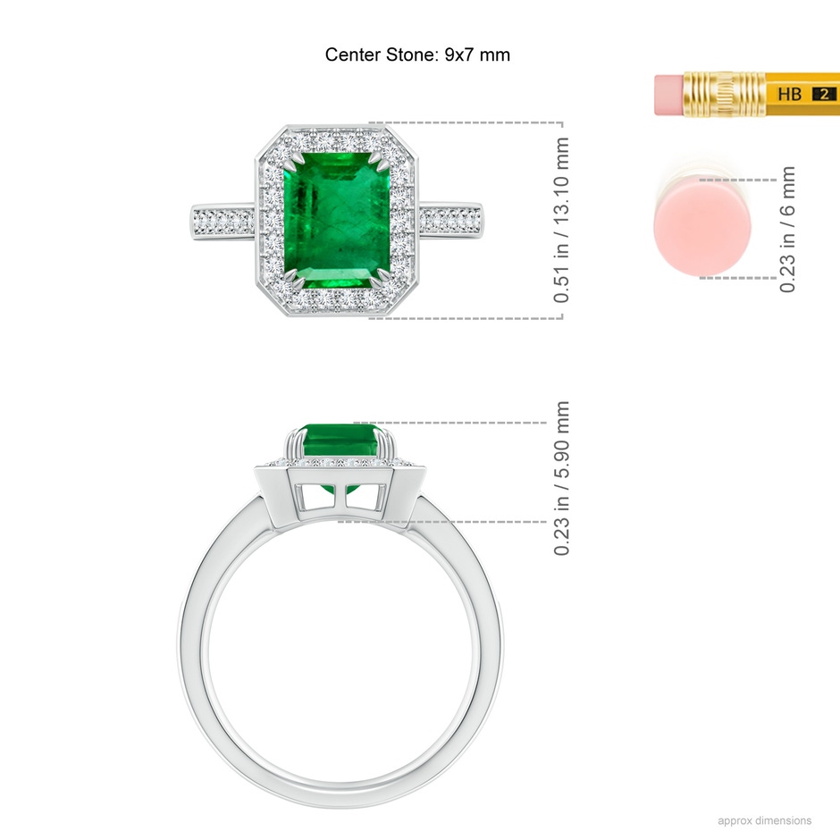 9x7mm AAA Emerald-Cut Emerald Engagement Ring with Diamond Halo in White Gold ruler