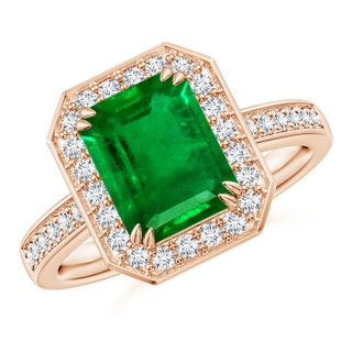 9x7mm AAAA Emerald-Cut Emerald Engagement Ring with Diamond Halo in Rose Gold