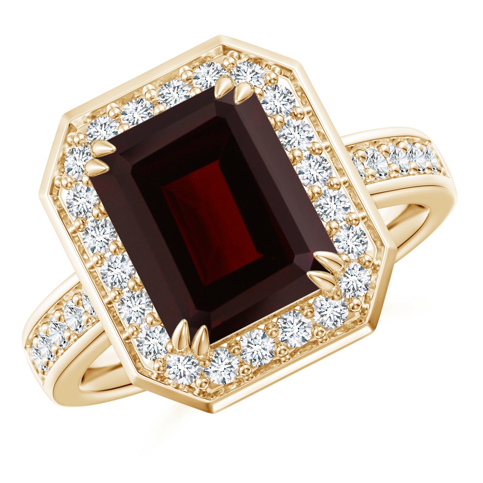 10x8mm A Emerald-Cut Garnet Engagement Ring with Diamond Halo in Yellow Gold 