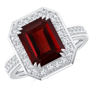 10x8mm AAA Emerald-Cut Garnet Engagement Ring with Diamond Halo in White Gold