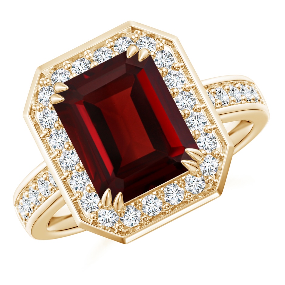 10x8mm AAA Emerald-Cut Garnet Engagement Ring with Diamond Halo in Yellow Gold 