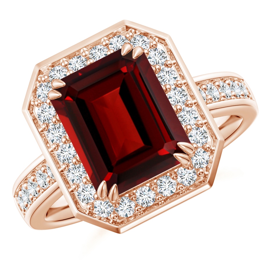 10x8mm AAAA Emerald-Cut Garnet Engagement Ring with Diamond Halo in Rose Gold 