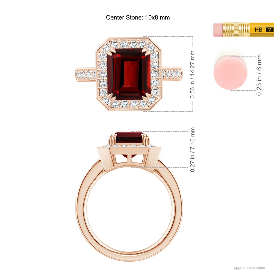 10x8mm AAAA Emerald-Cut Garnet Engagement Ring with Diamond Halo in Rose Gold ruler